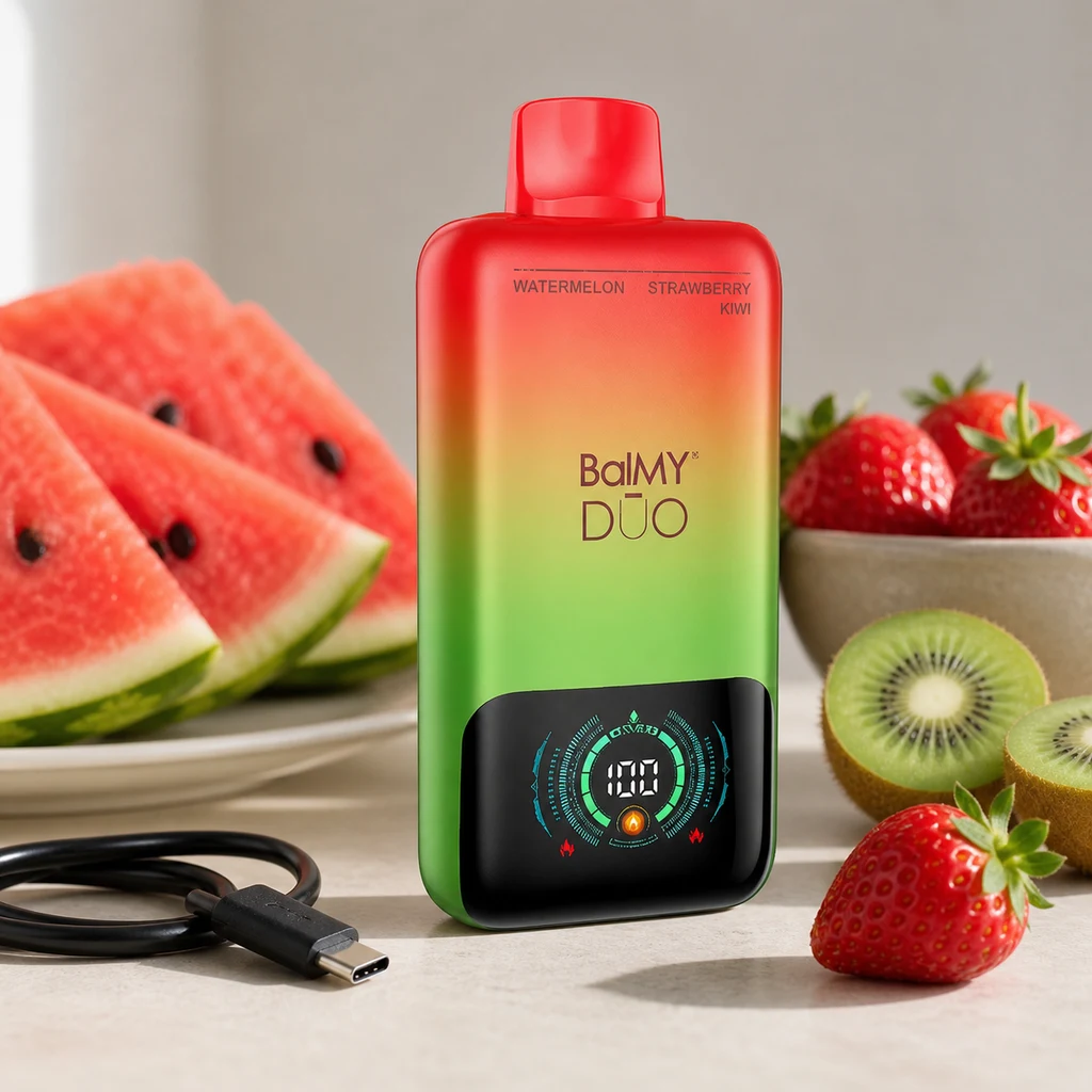Balmy DŪO con degradado rojo, amarillo y verde y pantalla frontal, junto a sandía, fresas, kiwi y un cable USB-C en una escena generada.