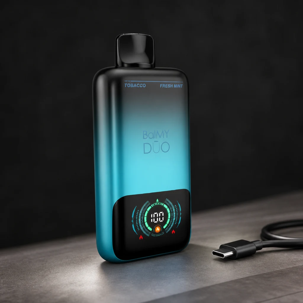 Vaper Balmy DŪO negro y turquesa con pantalla circular iluminada, sobre una mesa oscura junto a un cable USB-C.