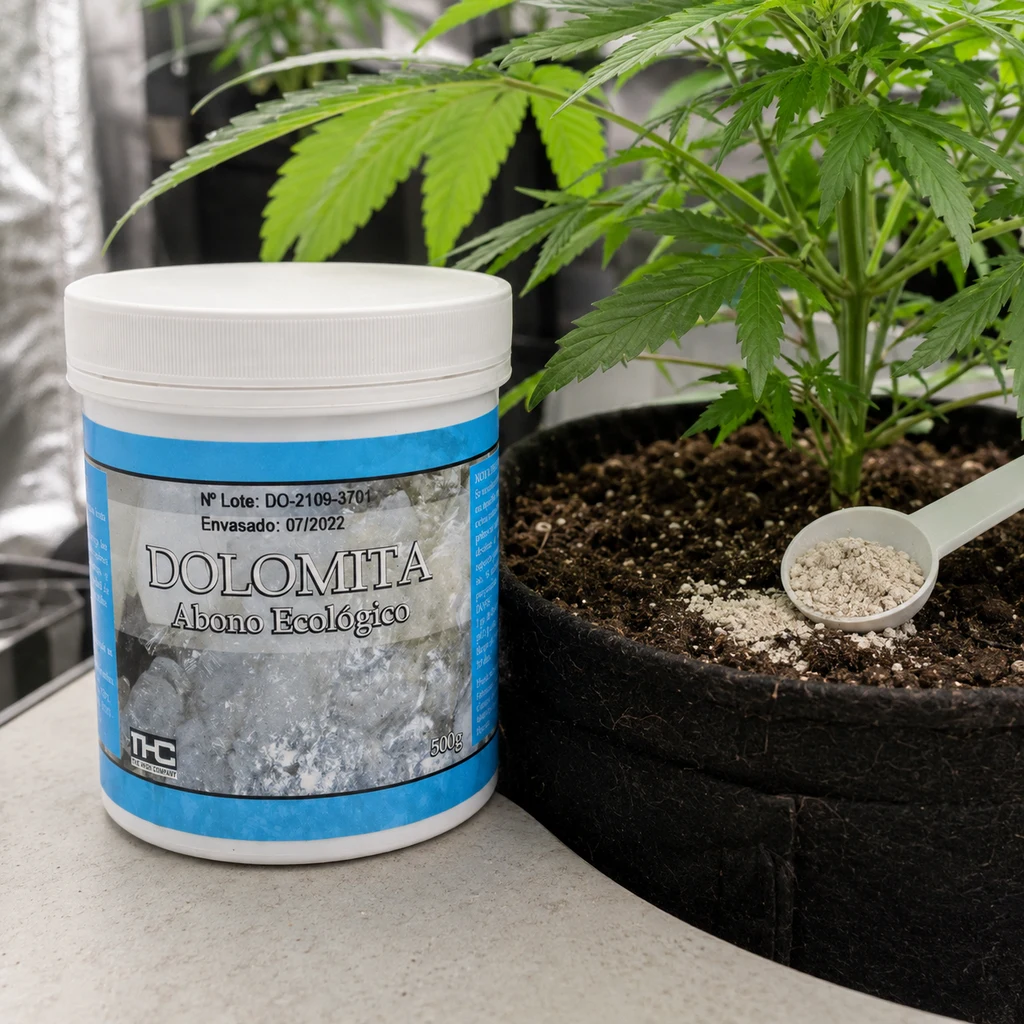 Escena generada de un bote de Dolomita Abono Ecológico junto a una maceta con cannabis y una cuchara con polvo claro sobre el sustrato.