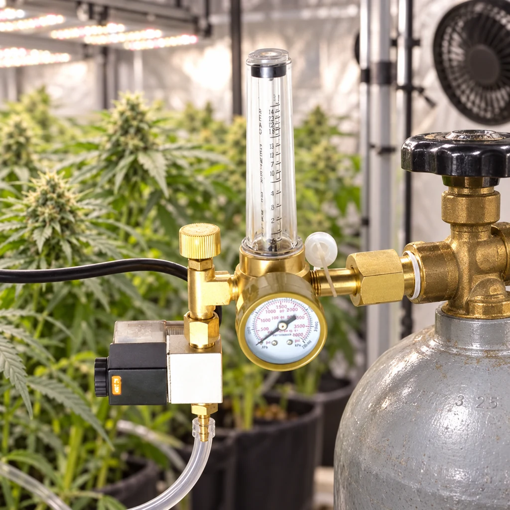 Escena generada de un regulador de CO2 con manómetro, tubo graduado y electroválvula, conectado a una bombona junto a plantas. Escena generada de un regulador de CO2 con manómetro, tubo graduado y electroválvula, conectado a una bombona junto a plantas.