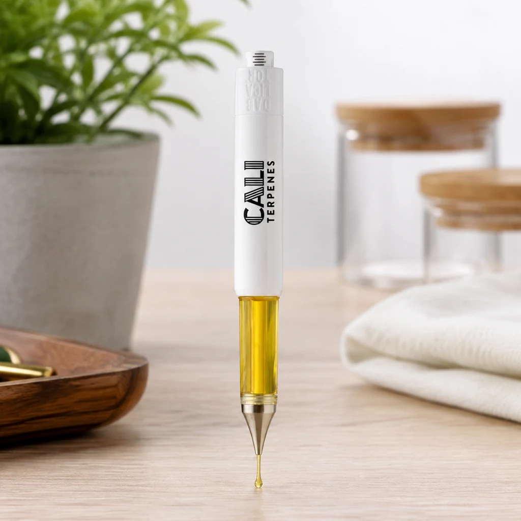 Aplicador blanco Cali Terpenes en vertical, con depósito amarillo y una gota suspendida de la punta, sobre una mesa con tarros al fondo.