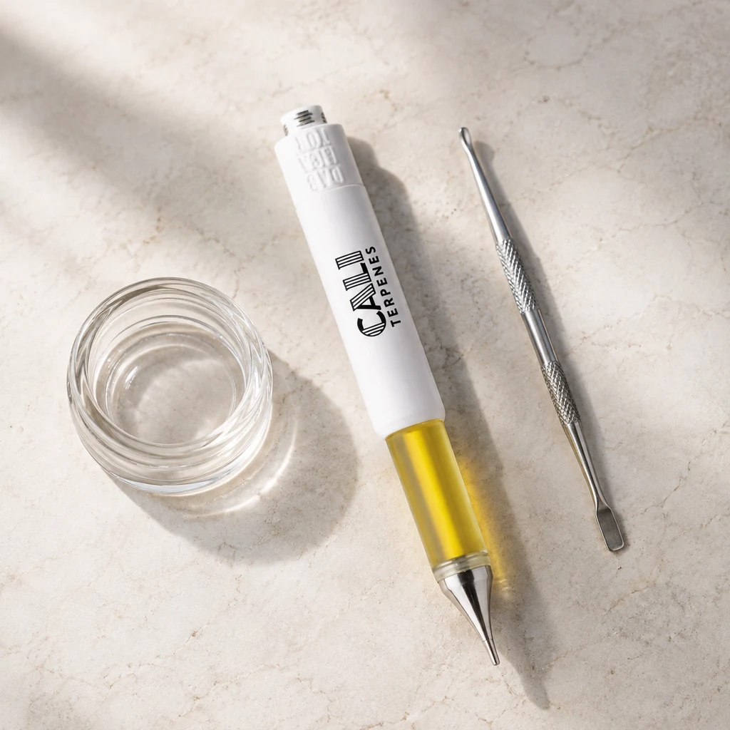 Dablicator Cali Terpenes con cuerpo blanco y depósito amarillo, junto a un recipiente de vidrio abierto y una herramienta metálica.