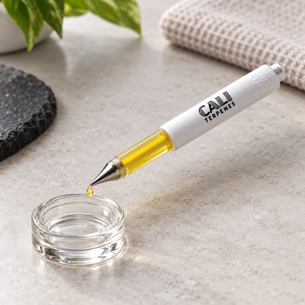 Escena generada de un dispensador Dablicator blanco con líquido amarillo y una gota suspendida sobre un recipiente transparente.