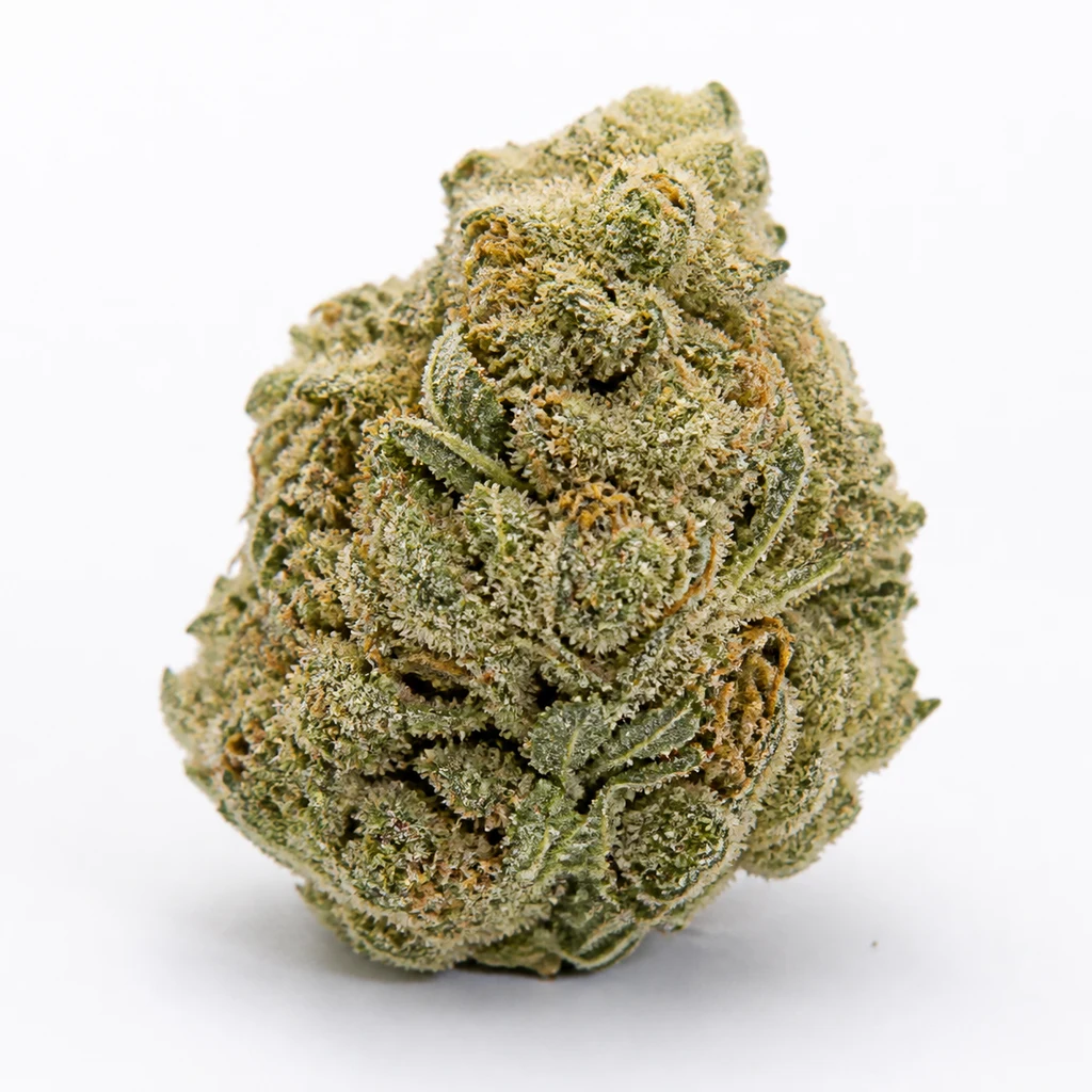 Ilustración de un cogollo verde con filamentos anaranjados y cobertura blanquecina para la ficha de Double OG Haze Feminizada de Pyramid Seeds.