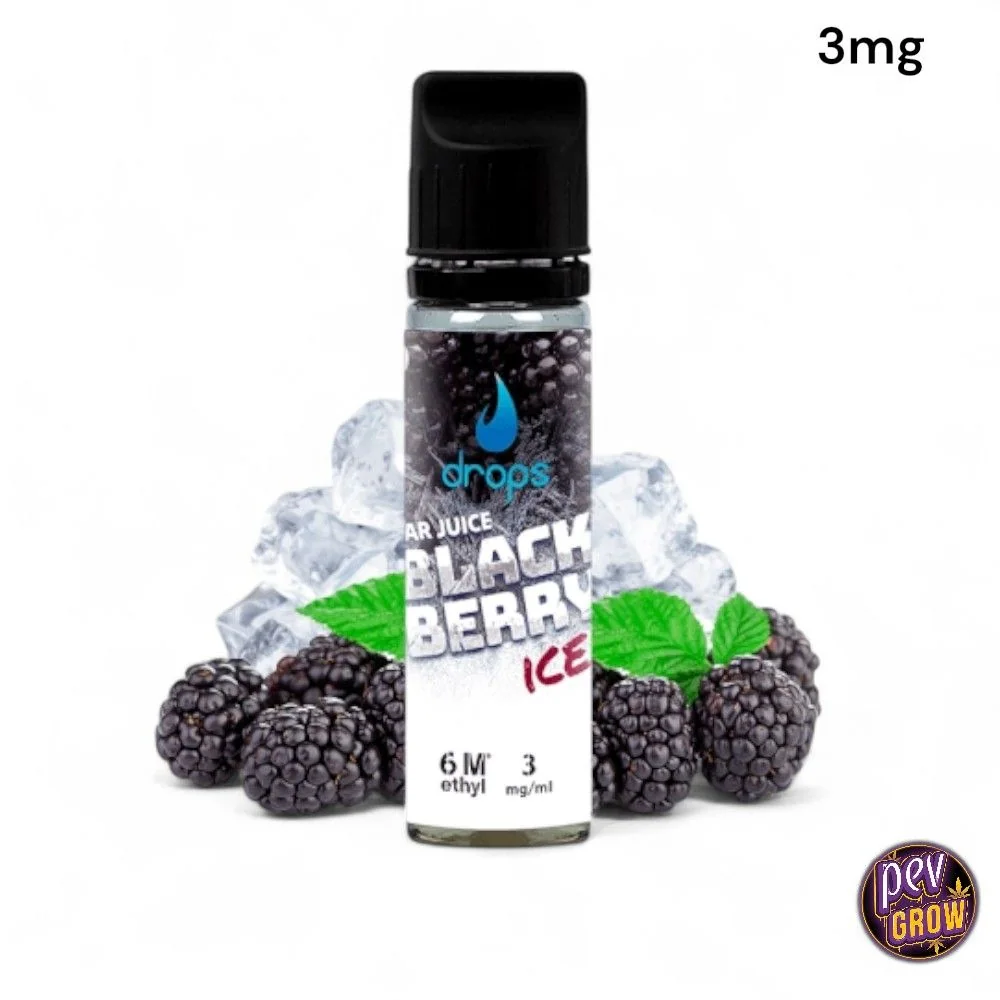 Frasco Drops Bar Juice Blackberry Ice con tapón negro y etiqueta de 3 mg/ml, rodeado de moras, hojas verdes y cubitos de hielo.