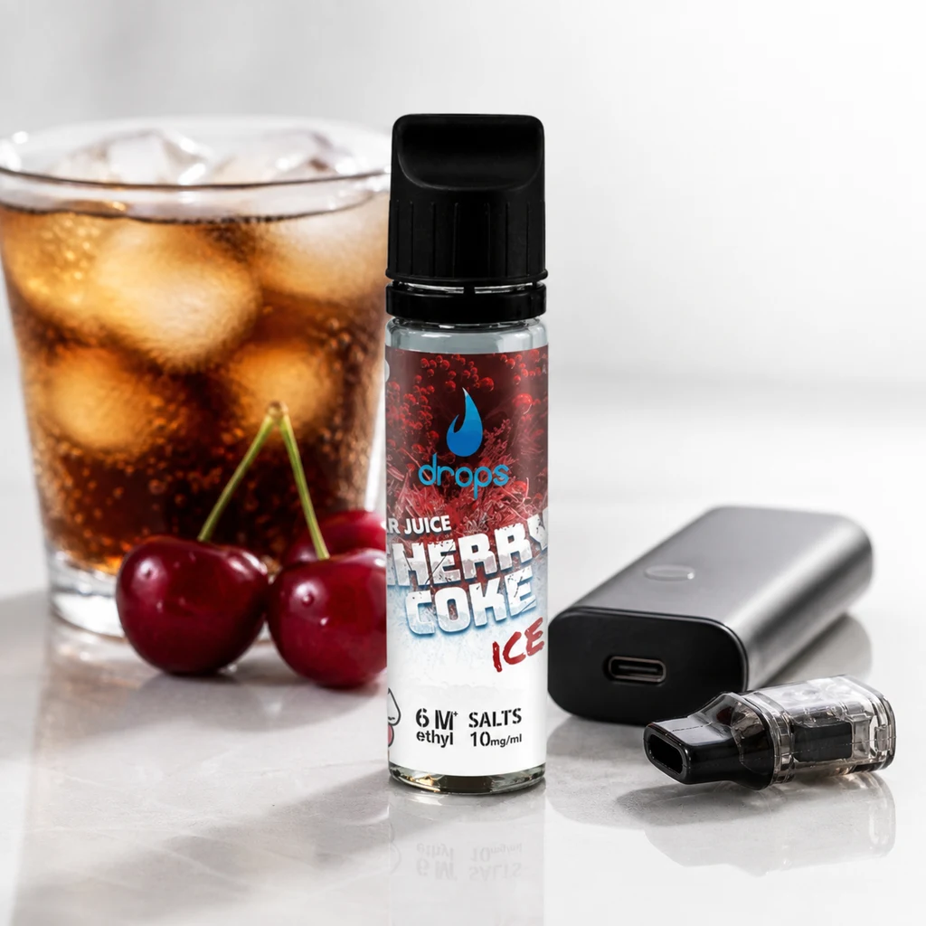 Frasco Drops Cherry Coke Ice junto a un dispositivo de vapeo y su cartucho separado, con cerezas y un vaso de refresco con hielo.