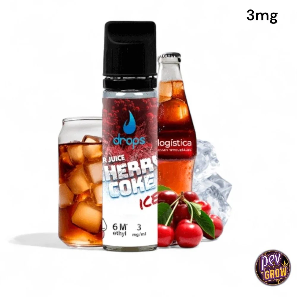 Frasco Drops Cherry Coke Ice con tapón negro, rodeado de cerezas, hielo y refresco de cola; indicación de 3 mg en la esquina superior.