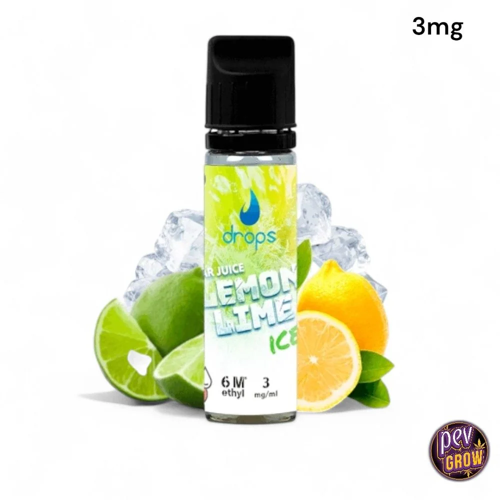Frasco Drops Lemon Lime Ice con tapón negro y etiqueta de 3 mg/ml, rodeado de limones, limas y cubitos de hielo sobre fondo blanco.