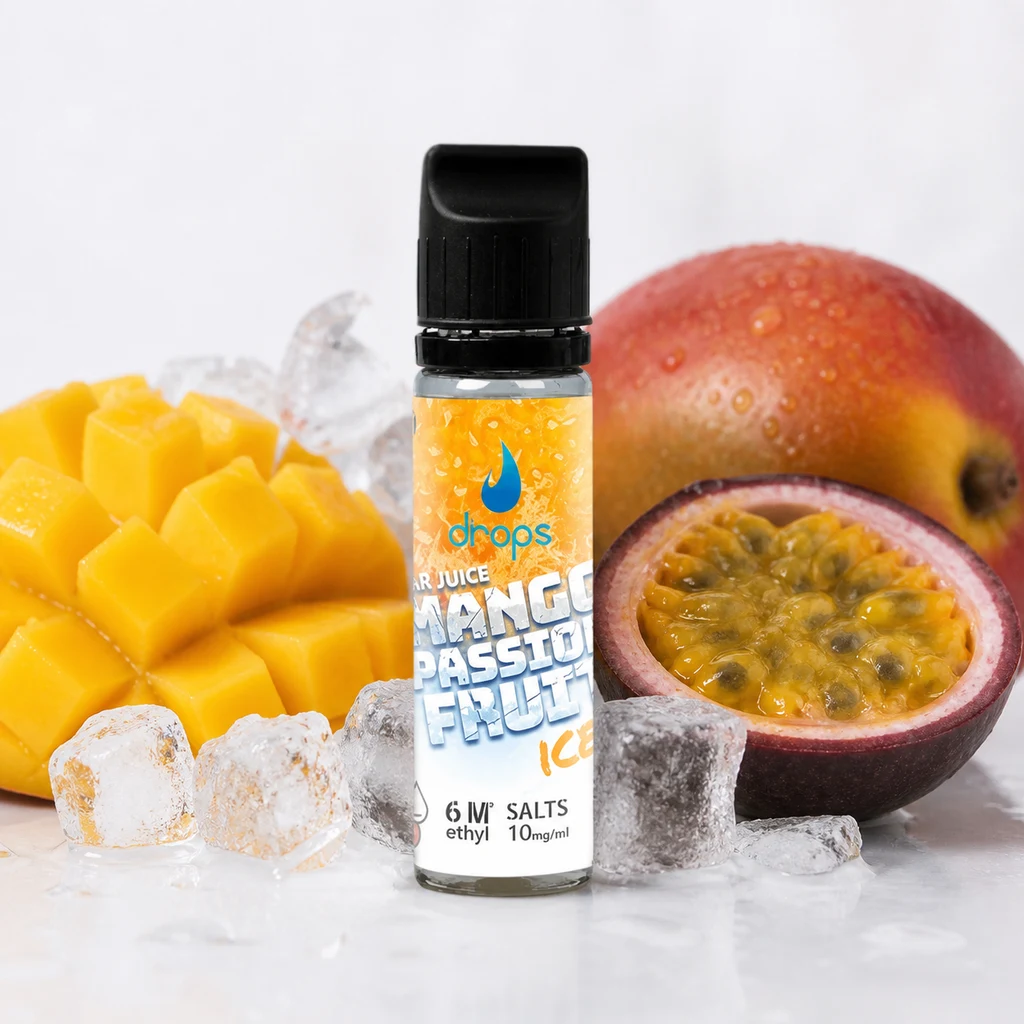 Frasco Drops Mango Passion Fruit Ice con tapón negro, rodeado de mango cortado, medio maracuyá y cubitos de hielo.
