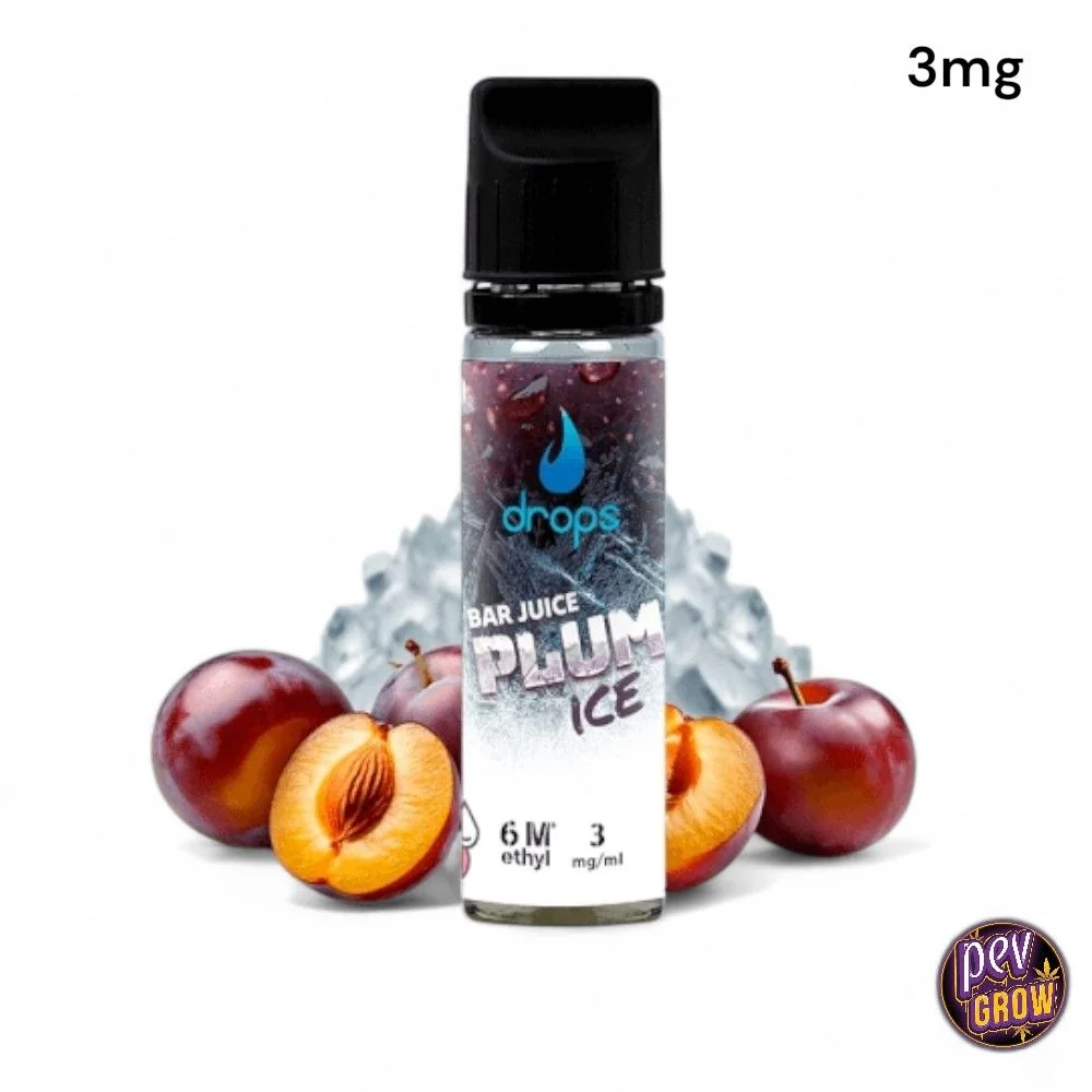 Frasco de Drops Bar Juice Plum Ice con tapón negro, rodeado de ciruelas partidas y hielo; la etiqueta indica 3 mg/ml.