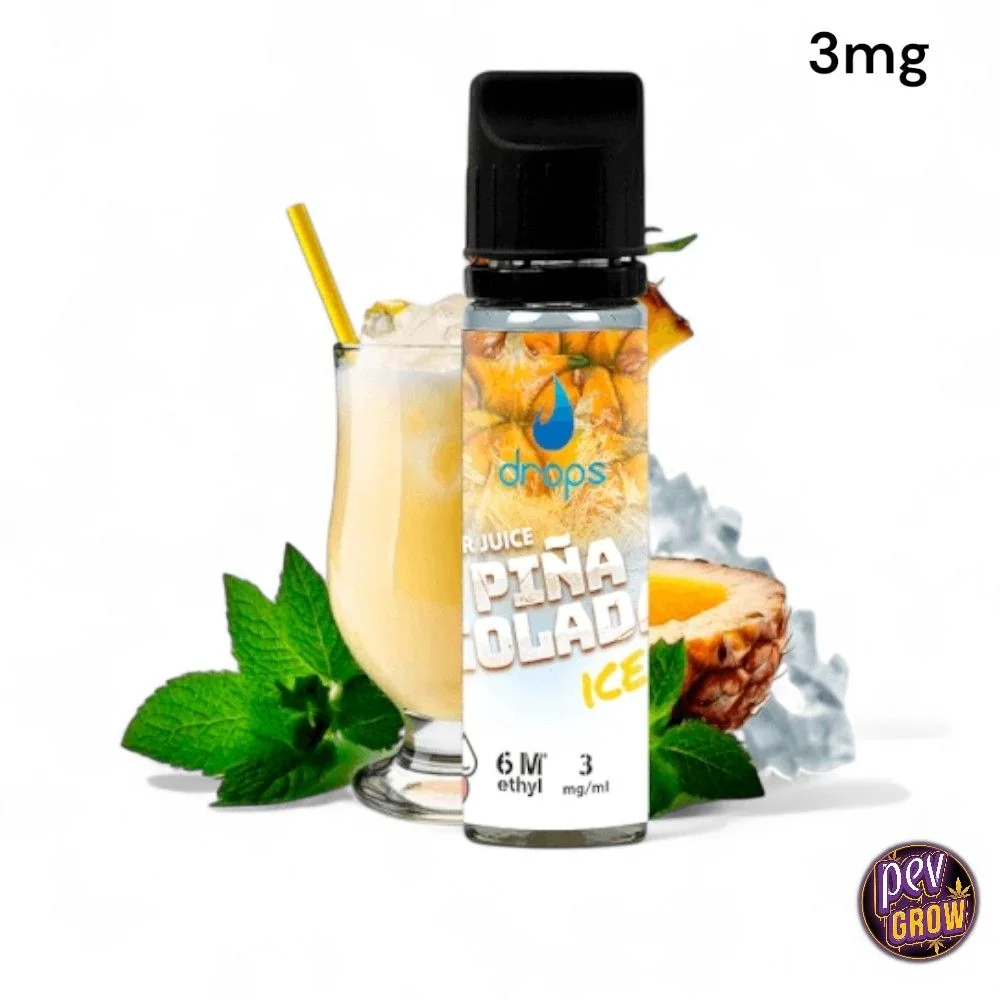 Frasco Drops Piña Colada Ice con tapón negro y etiqueta de 3 mg/ml, acompañado de una bebida con hielo, piña y hojas verdes.