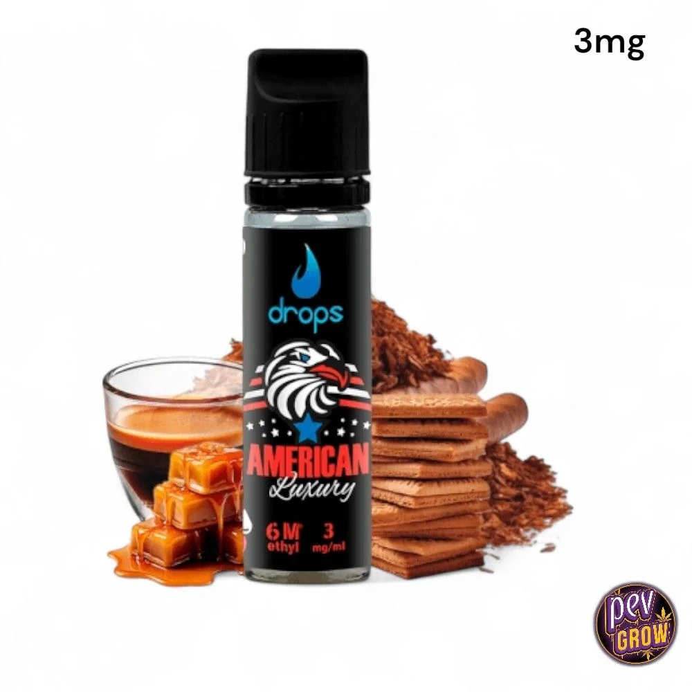 Frasco de Drops American Luxury con etiqueta negra y texto de 3 mg/ml, acompañado de café, caramelos, galletas y tabaco.