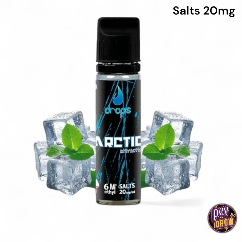 Frasco Drops Arctic Attraction con tapón negro, rodeado de cubitos de hielo y hojas de menta; en la parte superior se lee «Salts 20mg». Frasco Drops Arctic Attraction con tapón negro, rodeado de cubitos de hielo y hojas de menta; en la parte superior se lee «Salts 20mg».