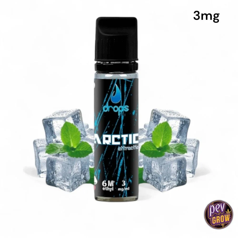 Frasco Drops Arctic Attraction con tapón negro y etiqueta negra y azul, rodeado de cubitos de hielo y hojas de menta; figura 3 mg.