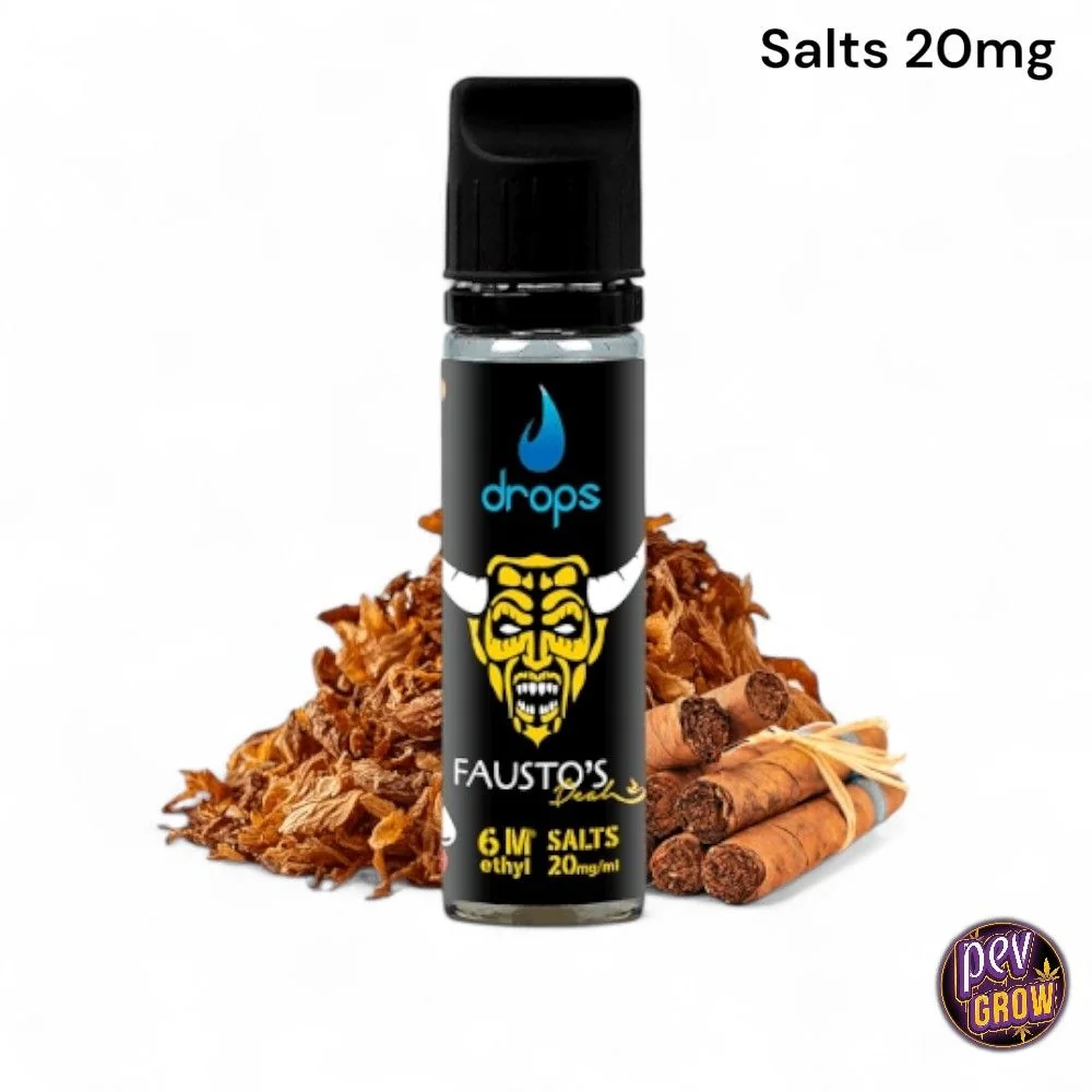 Frasco Drops Fausto’s Deal con etiqueta negra y rostro amarillo, delante de tabaco y cigarros, con el texto «Salts 20mg».