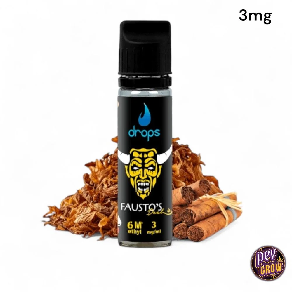 Frasco de e-líquido Drops Fausto's Deal con etiqueta negra y rostro amarillo, marcado 3 mg/ml, ante hojas de tabaco y puros.
