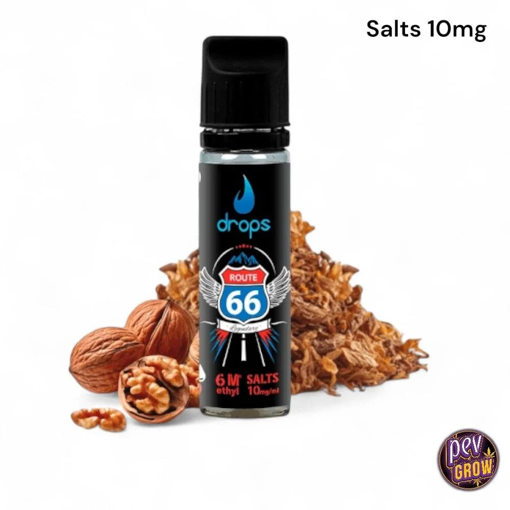 Frasco Drops Route 66 con tapón negro, junto a nueces y hojas de tabaco picadas; en la parte superior se lee «Salts 10mg».