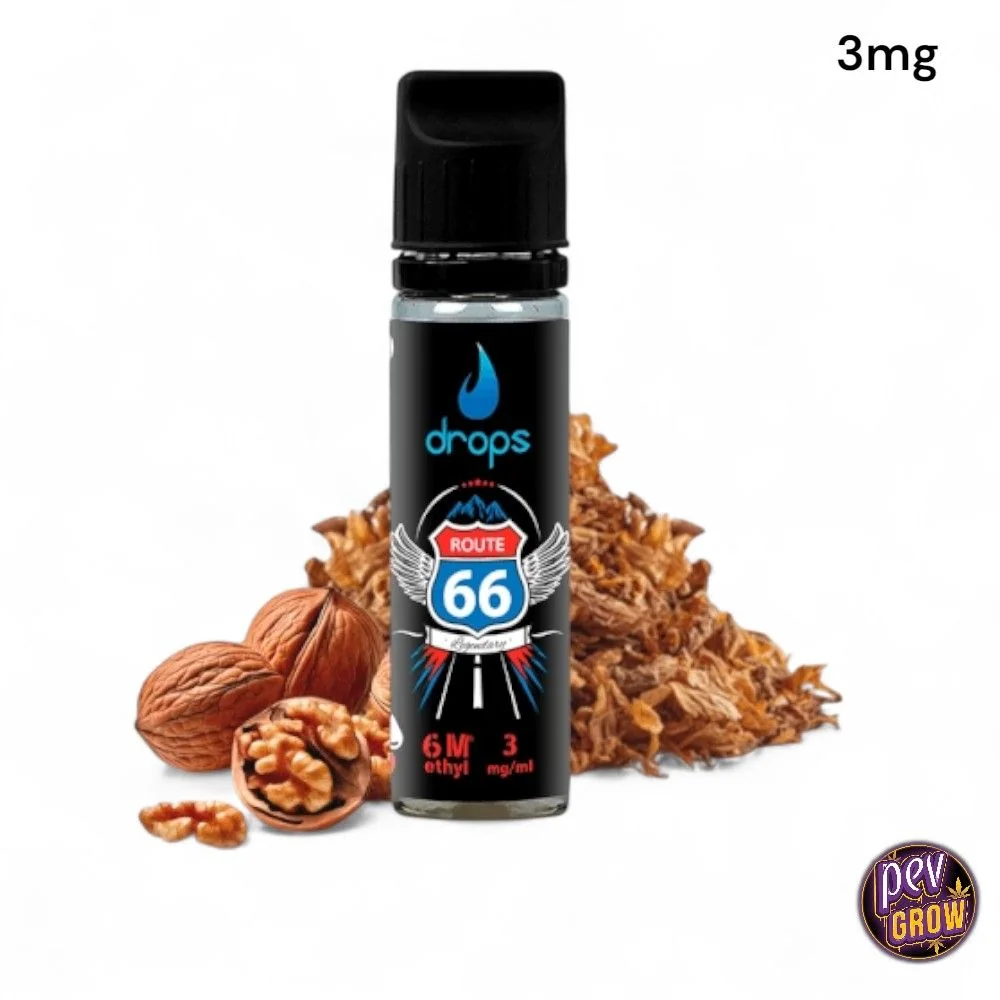 Frasco de E-Liquid Drops Route 66 con tapón negro y etiqueta de 3 mg/ml, junto a nueces y hojas de tabaco sobre fondo blanco.