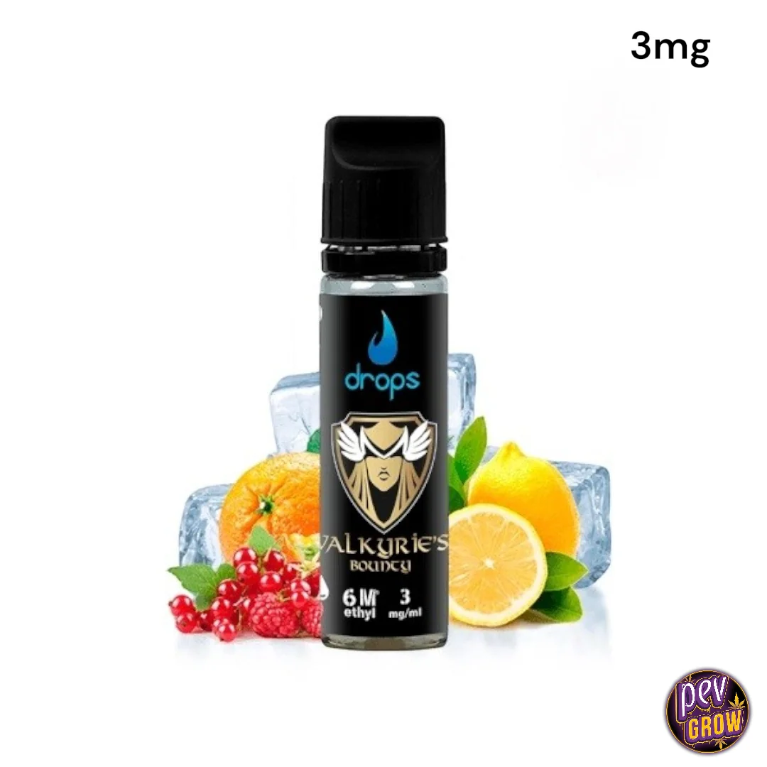 Frasco de e-líquido Drops Valkyries Bounty con tapón negro, indicación de 3 mg/ml y cítricos, frutos rojos y hielo alrededor.