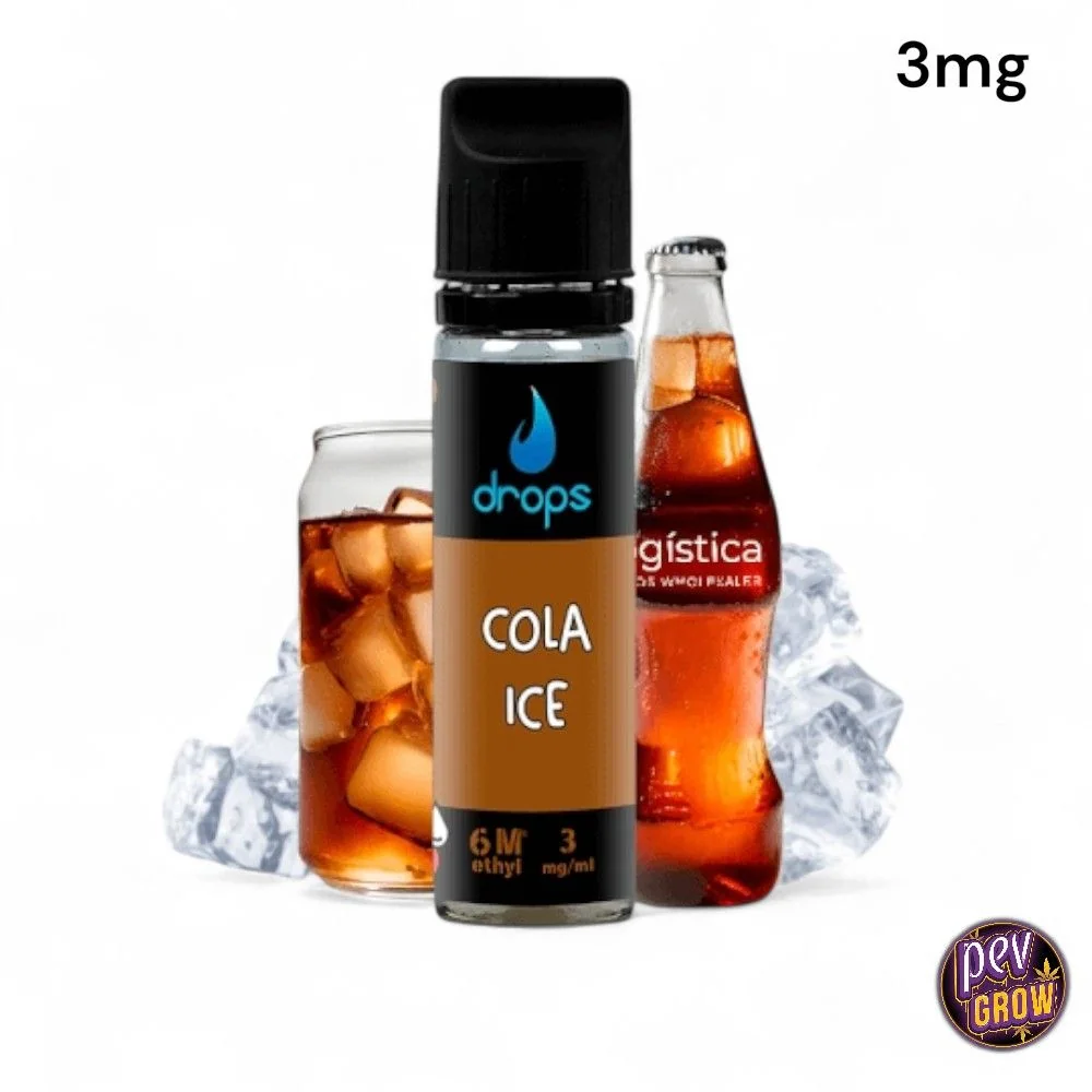 Frasco Drops Cola Ice con indicación de 3 mg/ml, delante de un vaso con hielo y una botella de refresco de cola sobre fondo blanco.