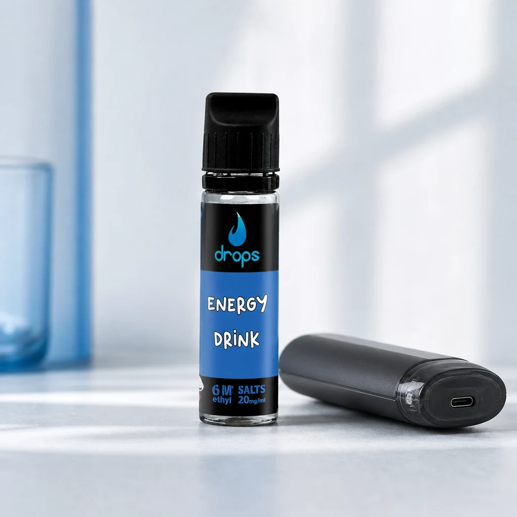Frasco Drops Energy Drink con etiqueta azul y tapón negro junto a un dispositivo de vapeo tumbado, con puerto de carga visible.