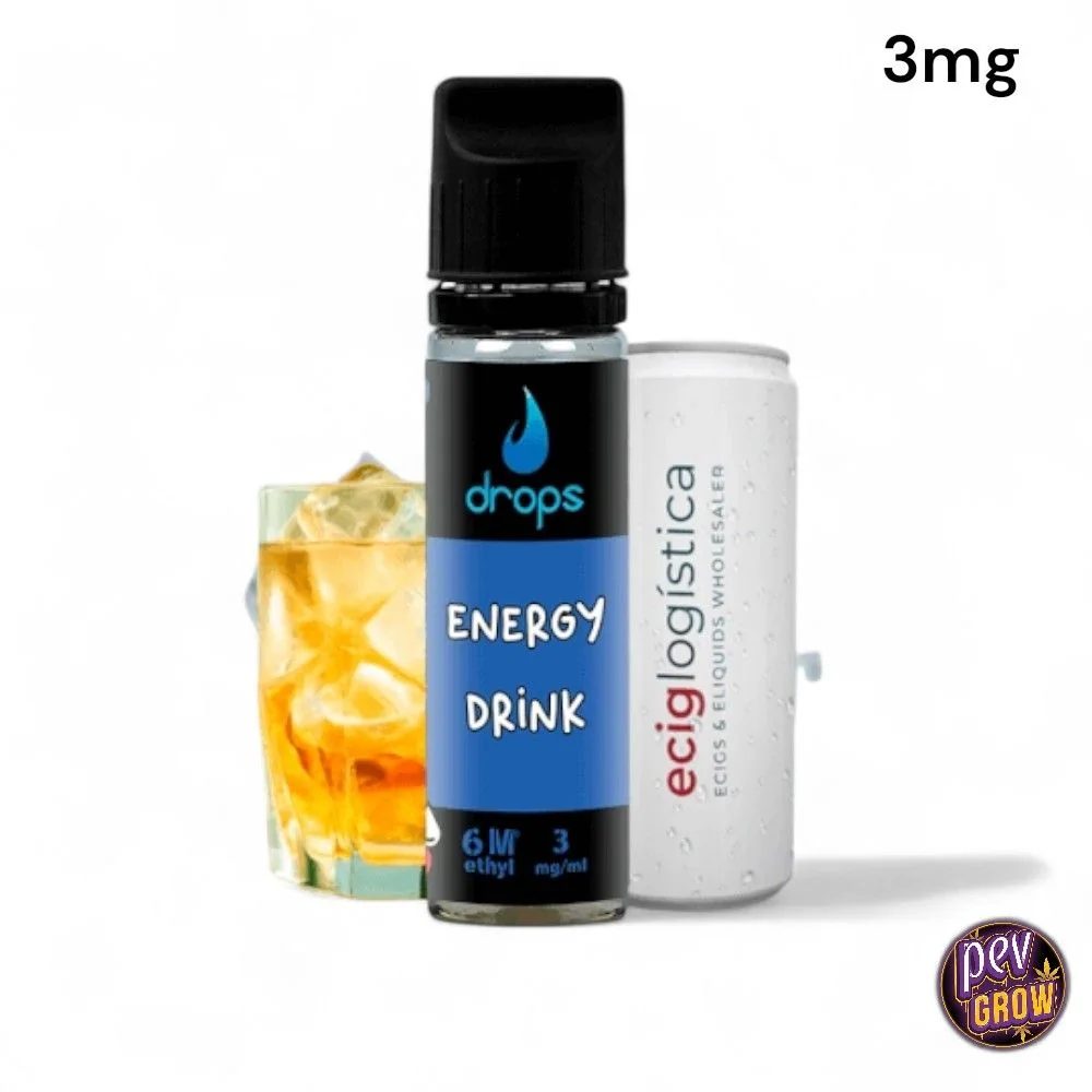 Frasco Drops Energy Drink con tapón negro y etiqueta azul, marcado 3 mg/ml, delante de un vaso con hielo y una lata blanca.