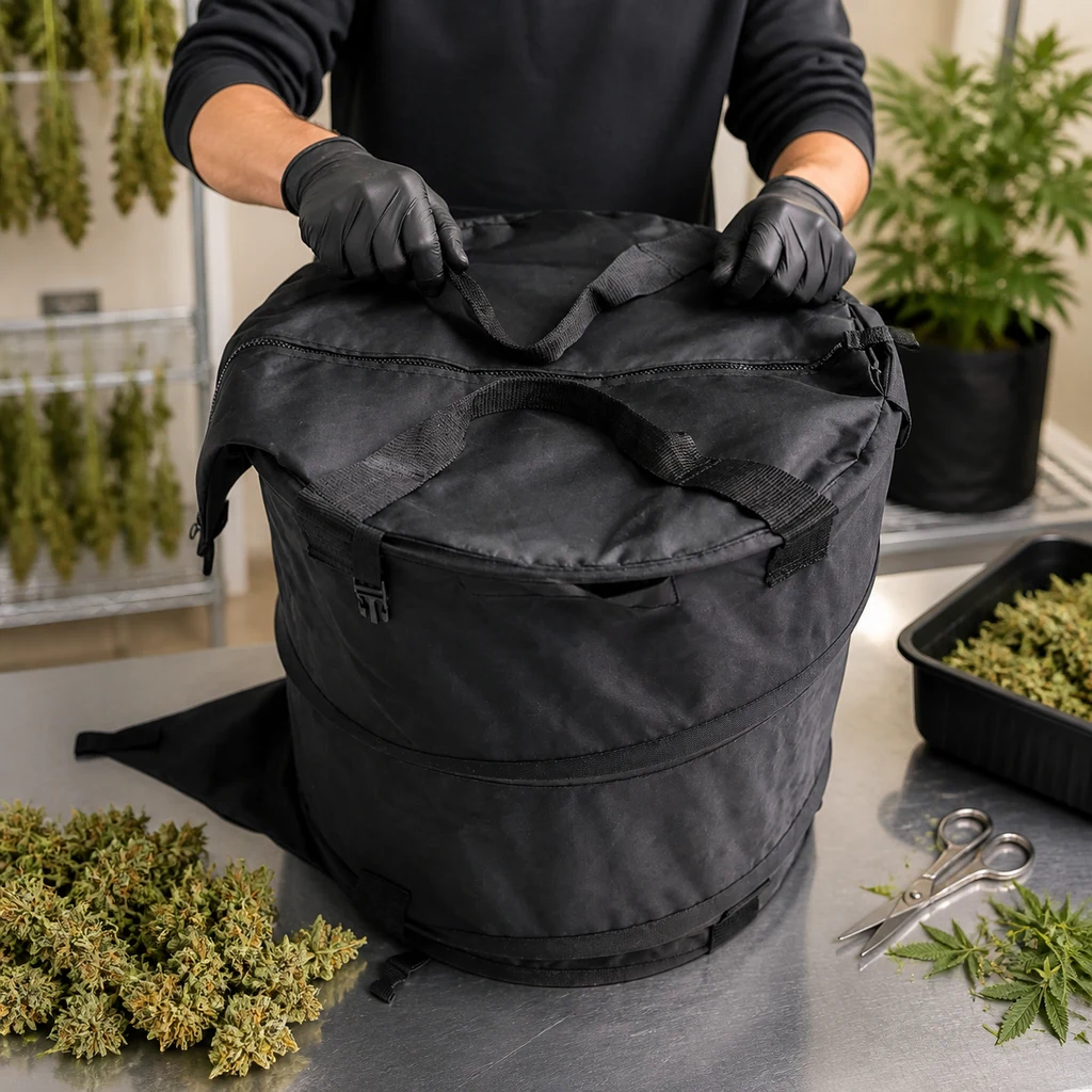 Persona con guantes sujetando las asas de una bolsa trimadora negra sobre una mesa con cogollos, hojas y tijeras. Persona con guantes sujetando las asas de una bolsa trimadora negra sobre una mesa con cogollos, hojas y tijeras.