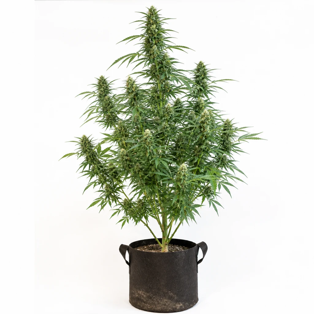 Ilustración de una planta de cannabis en floración para la ficha de Durban Regular, con ramas laterales y maceta negra sobre fondo blanco.