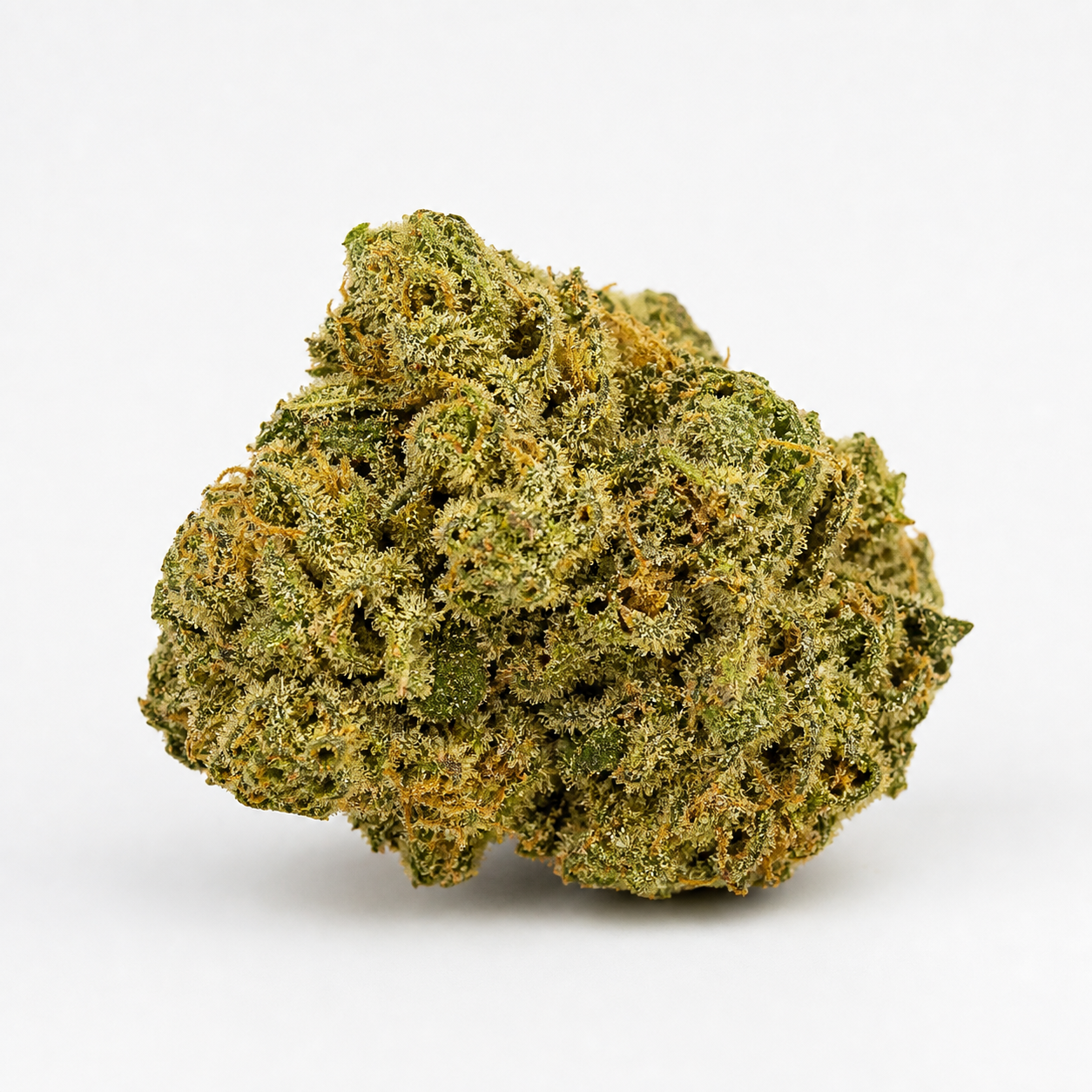 Cogollo de Durban Poison de Dutch Passion en primer plano, de forma compacta e irregular, con tonos verdes y filamentos anaranjados.