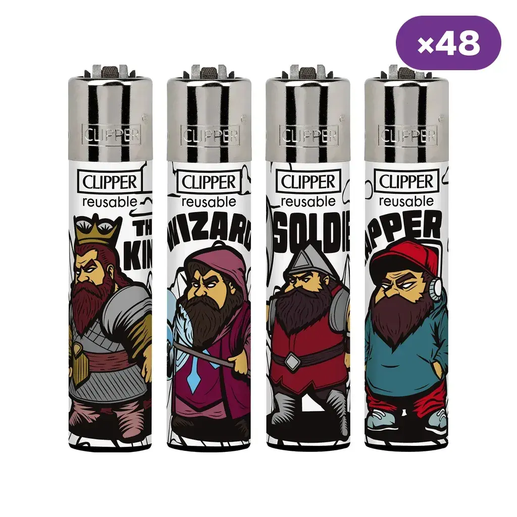 Selección de encendedores Clipper Dwarf Clan con distintos personajes barbudos, cabezales plateados e indicación de 48 unidades.