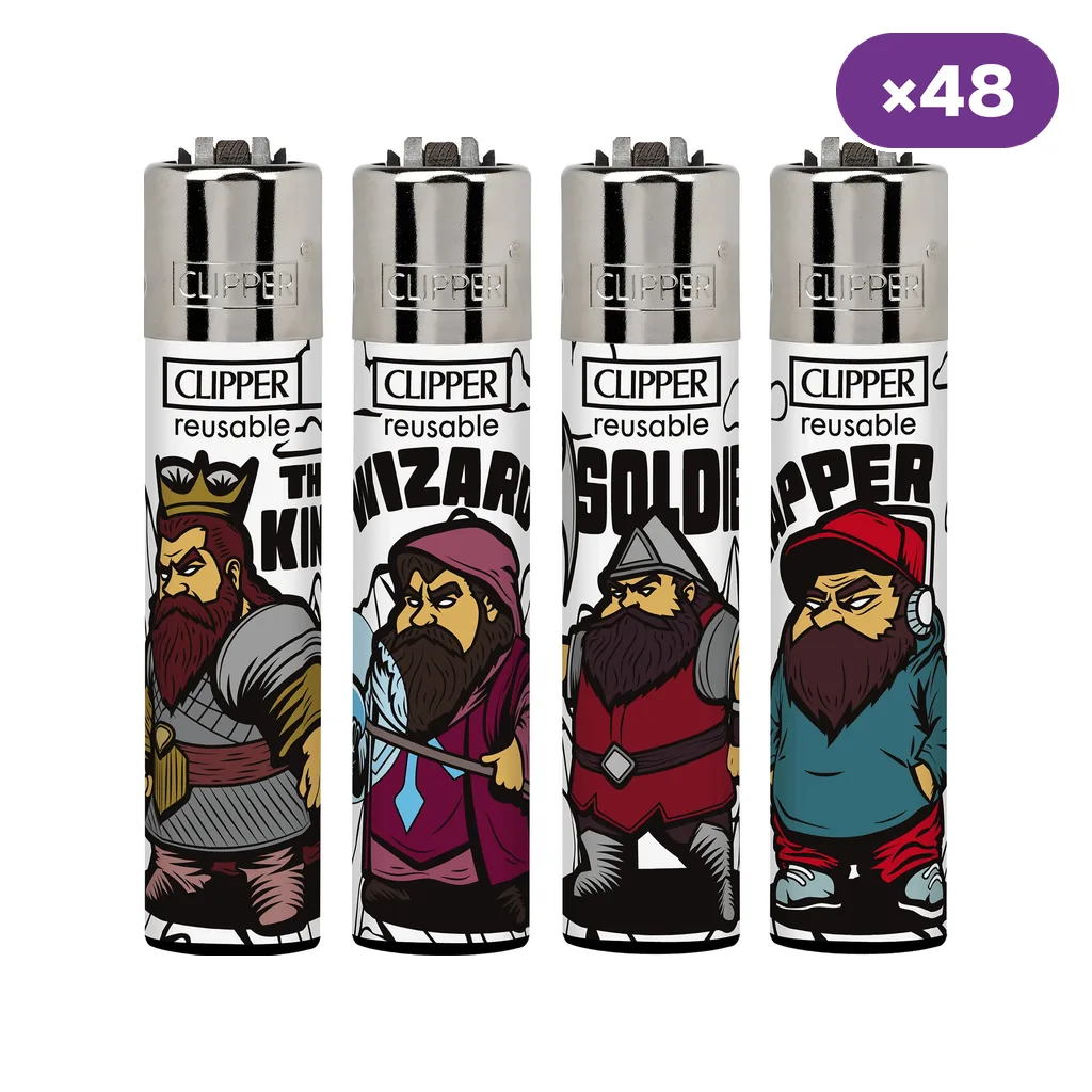 Selección de encendedores Clipper Dwarf Clan con distintos personajes barbudos, cabezales plateados e indicación de 48 unidades.