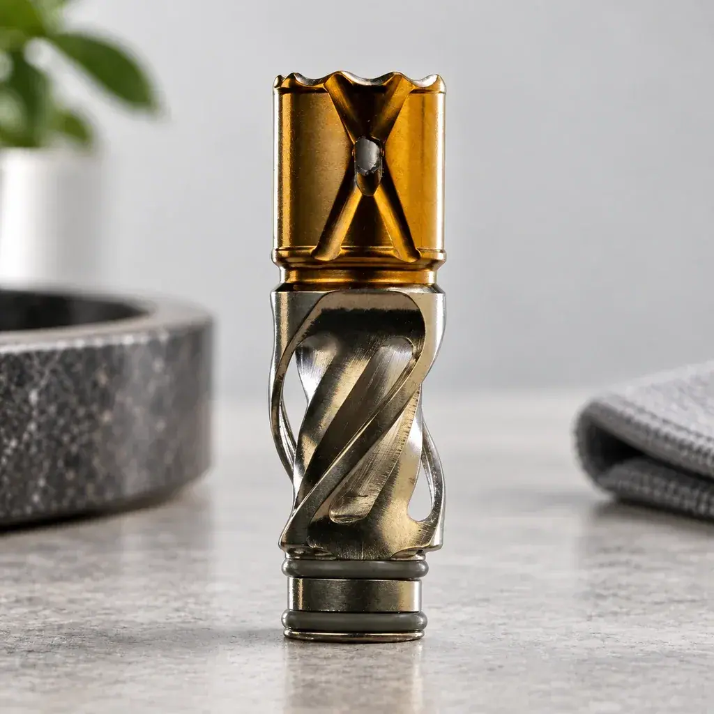 Punta Dynavap Helix en posición vertical, con cuerpo de ranuras helicoidales, extremo dorado y juntas oscuras sobre una superficie gris.