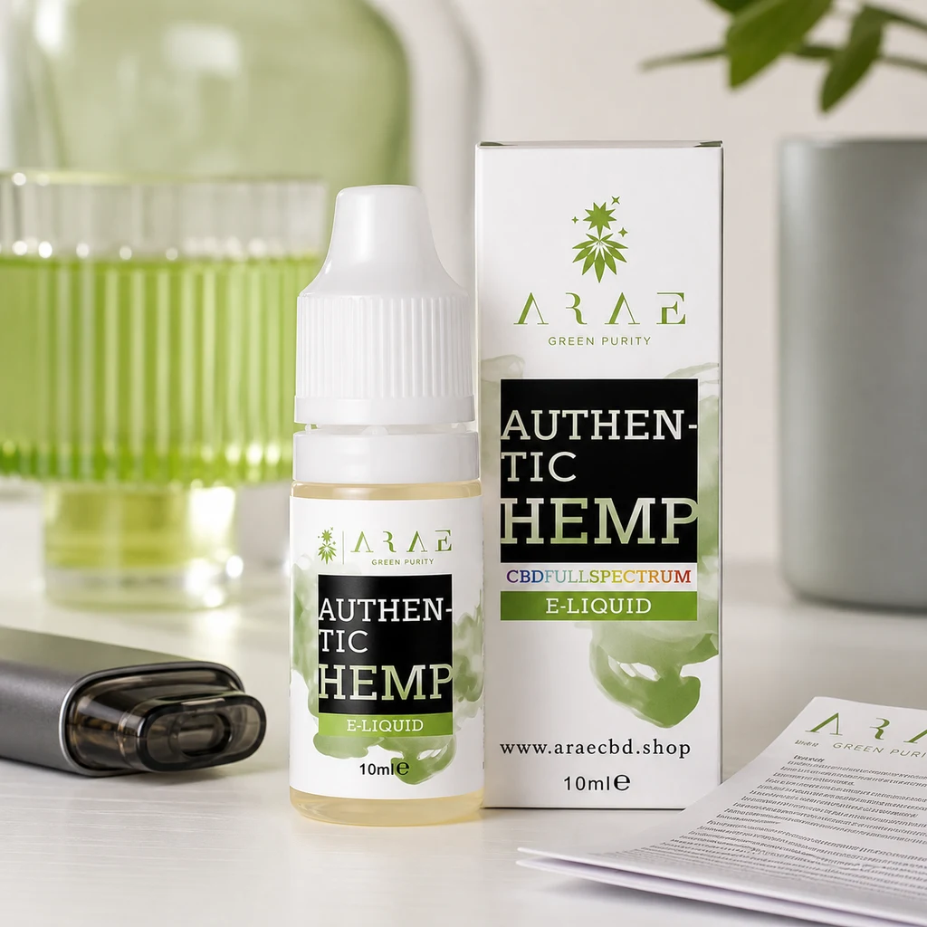 Frasco de e-líquido ARAE de 10 ml junto a su caja, con un vapeador sobre la mesa y un vaso verde al fondo.