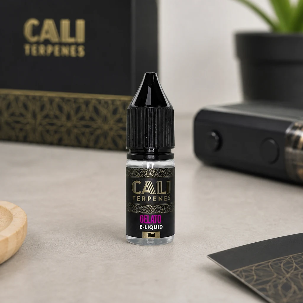 Frasco de E-Liquid Cali Terpenes Gelato de 10 ml con tapón negro, sobre una mesa junto a su caja y un dispositivo de vapeo desenfocados.