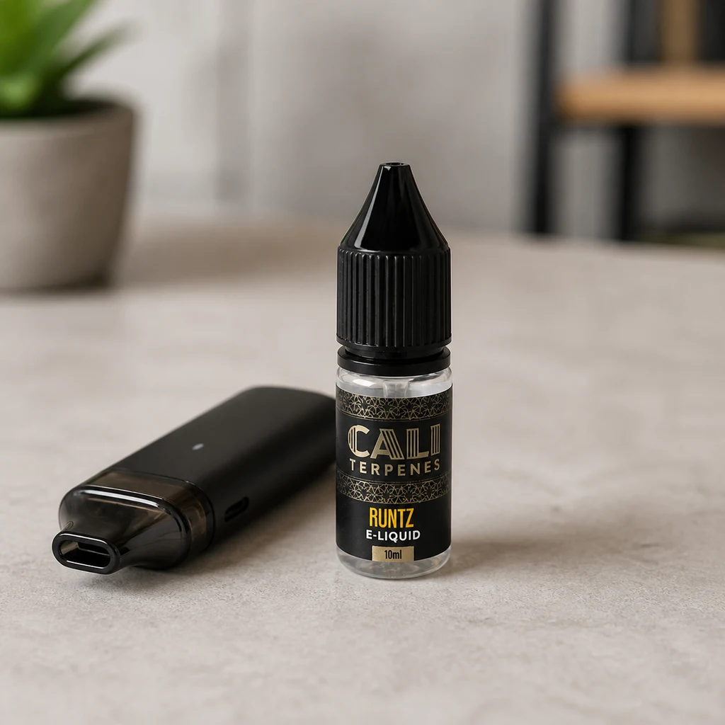 Frasco de E-Liquid Cali Terpenes Runtz de 10 ml con tapón negro, junto a un vapeador negro sobre una superficie clara.