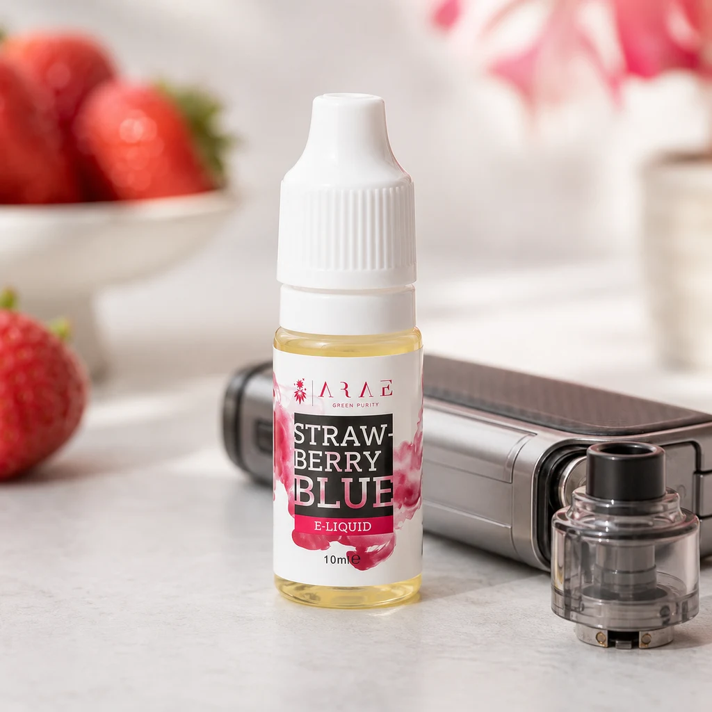 Frasco ARAE Strawberry Blue de 10 ml con tapón blanco, junto a un dispositivo de vapeo y un depósito separado, con fresas al fondo.