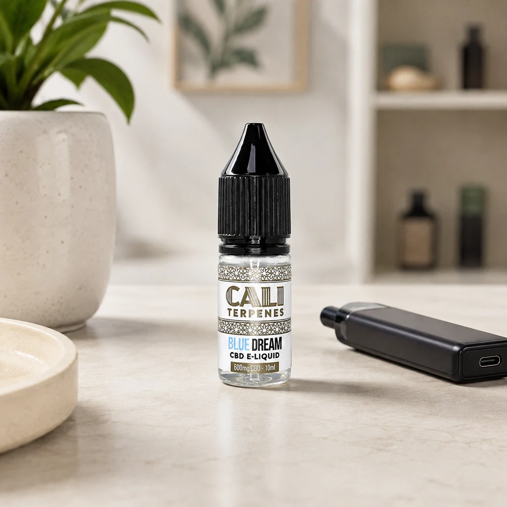 Frasco Cali Terpenes Blue Dream CBD E-Liquid, con etiqueta de 600 mg y 10 ml, junto a un dispositivo de vapeo negro sobre una mesa clara.