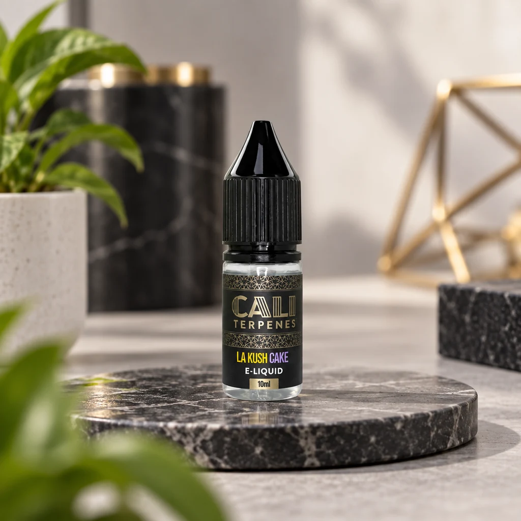 Frasco de Cali Terpenes La Kush Cake con tapón negro sobre una base oscura veteada, con plantas y decoración desenfocadas al fondo.