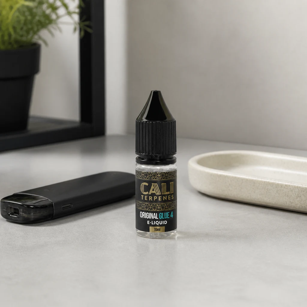 Frasco de Cali Terpenes Original Glue 4 de 10 ml sobre una mesa, junto a un vapeador negro y una bandeja clara.