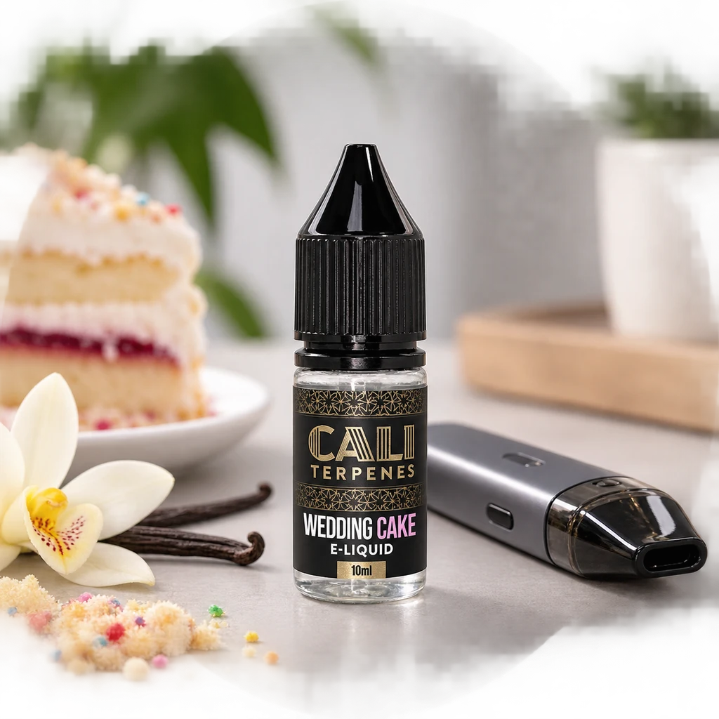 Frasco Cali Terpenes Wedding Cake de 10 ml con tapón negro, junto a un vapeador gris, una porción de tarta y una flor blanca.