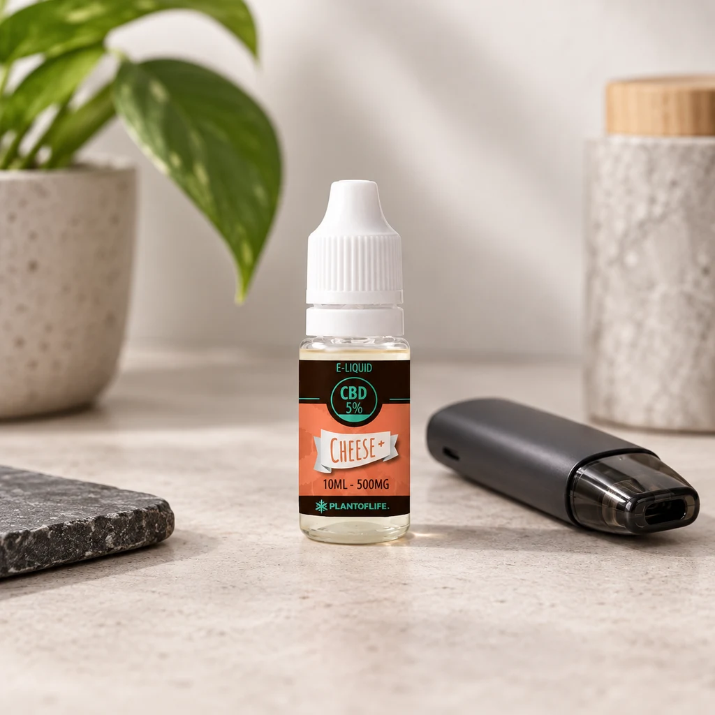 Escena generada de un frasco de e-líquido CBD Cheese 5% junto a un vaporizador negro, con una planta al fondo.