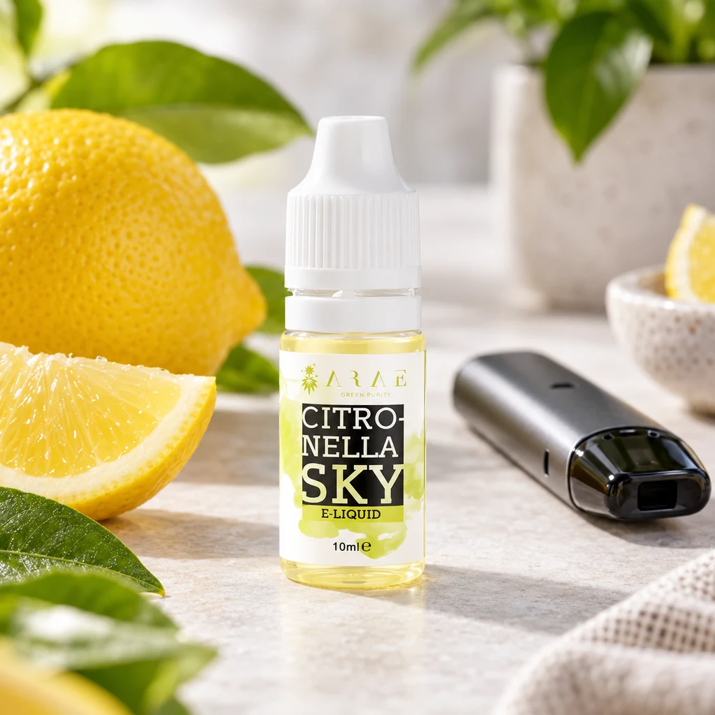 Frasco de ARAE Citronella Sky E-Liquid de 10 ml con tapón blanco, junto a un vaporizador oscuro, limones y hojas verdes.