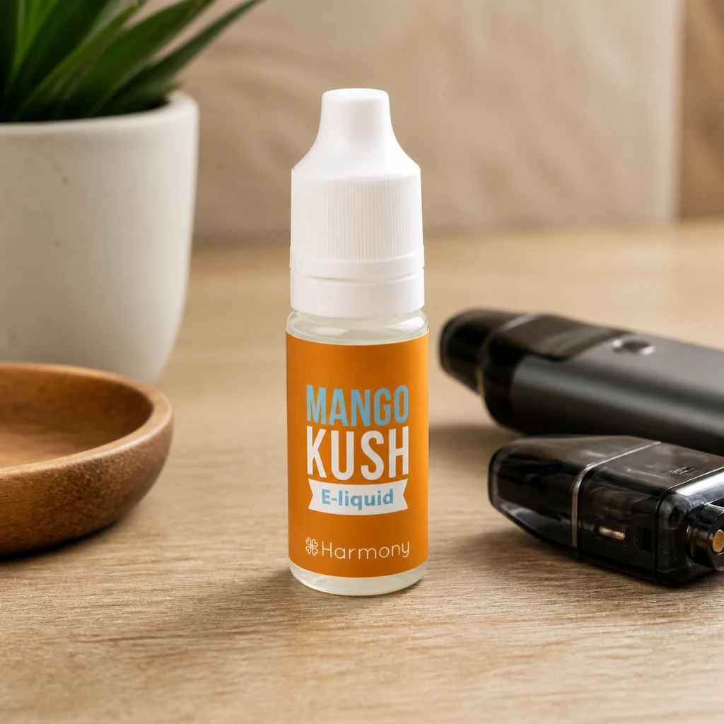 Frasco de e-líquido Mango Kush de Harmony con etiqueta naranja y tapón blanco, junto a dos vapeadores sobre una mesa.