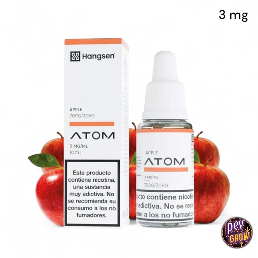 Frasco y caja de e-líquido Apple Hangsen Atom, con etiquetas de 3 mg/ml, 10 ml y 70PG/30VG, rodeados de manzanas rojas.