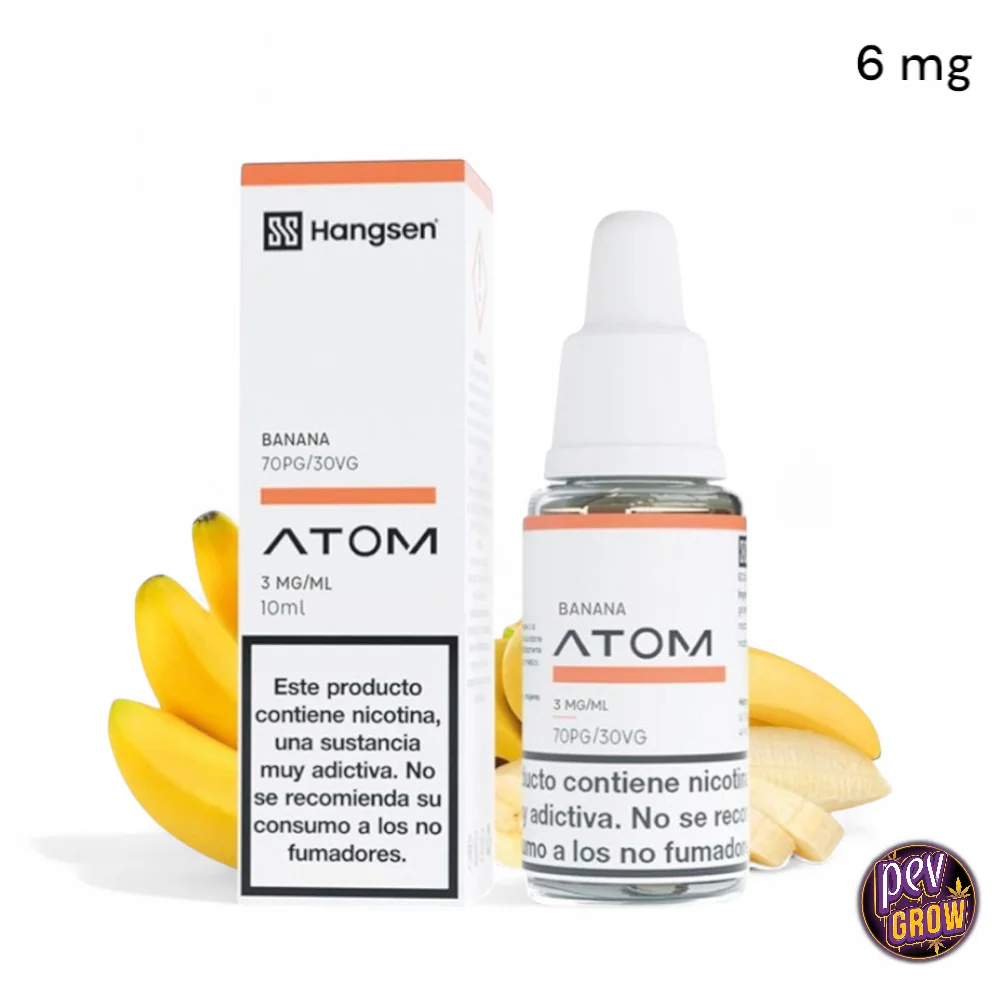Frasco y caja de Hangsen Atom Banana con plátanos al fondo; las etiquetas indican 3 mg/ml y el texto superior señala 6 mg.