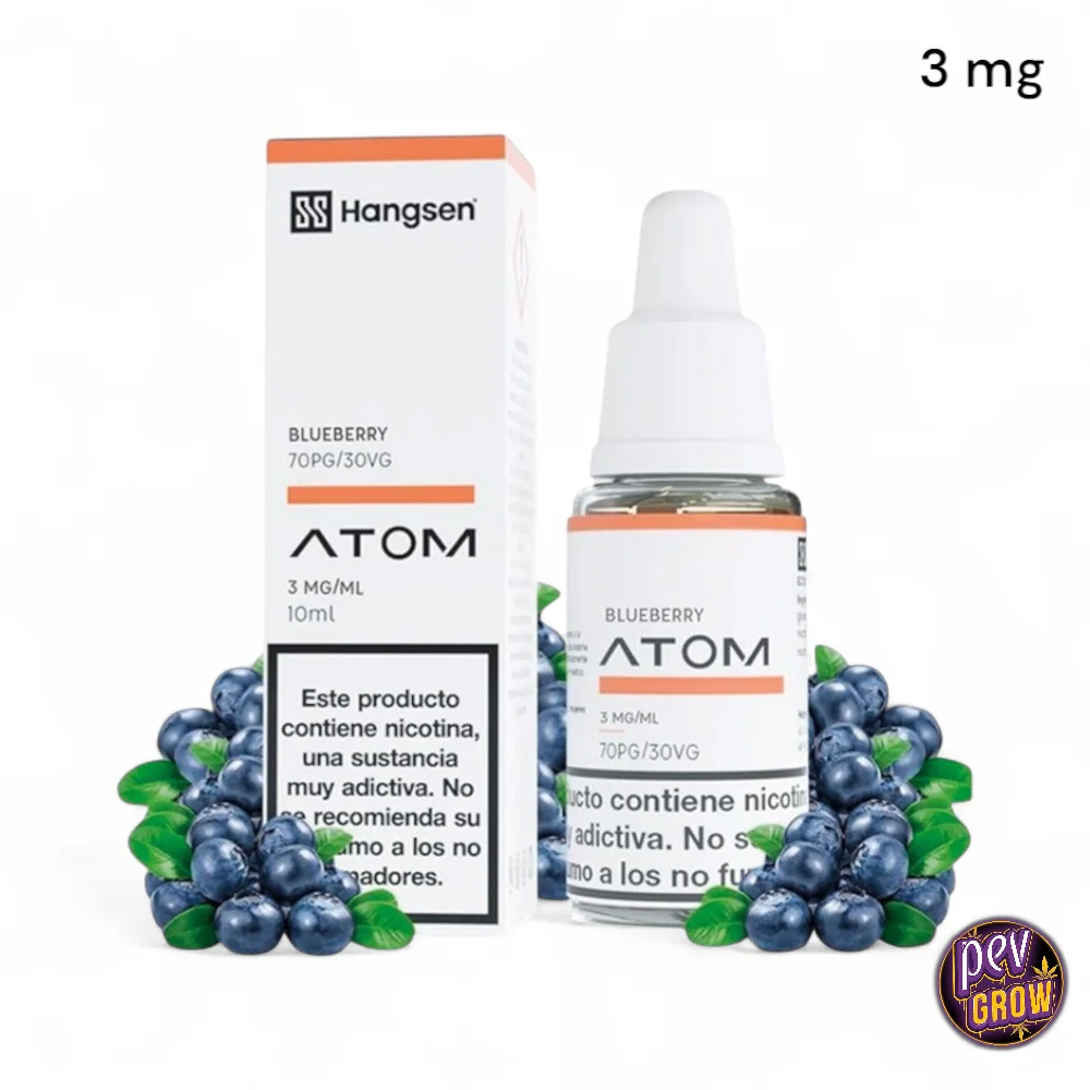 Frasco y caja de Hangsen Atom Blueberry de 10 ml, con etiqueta de 3 mg/ml de nicotina, rodeados de arándanos sobre fondo blanco.