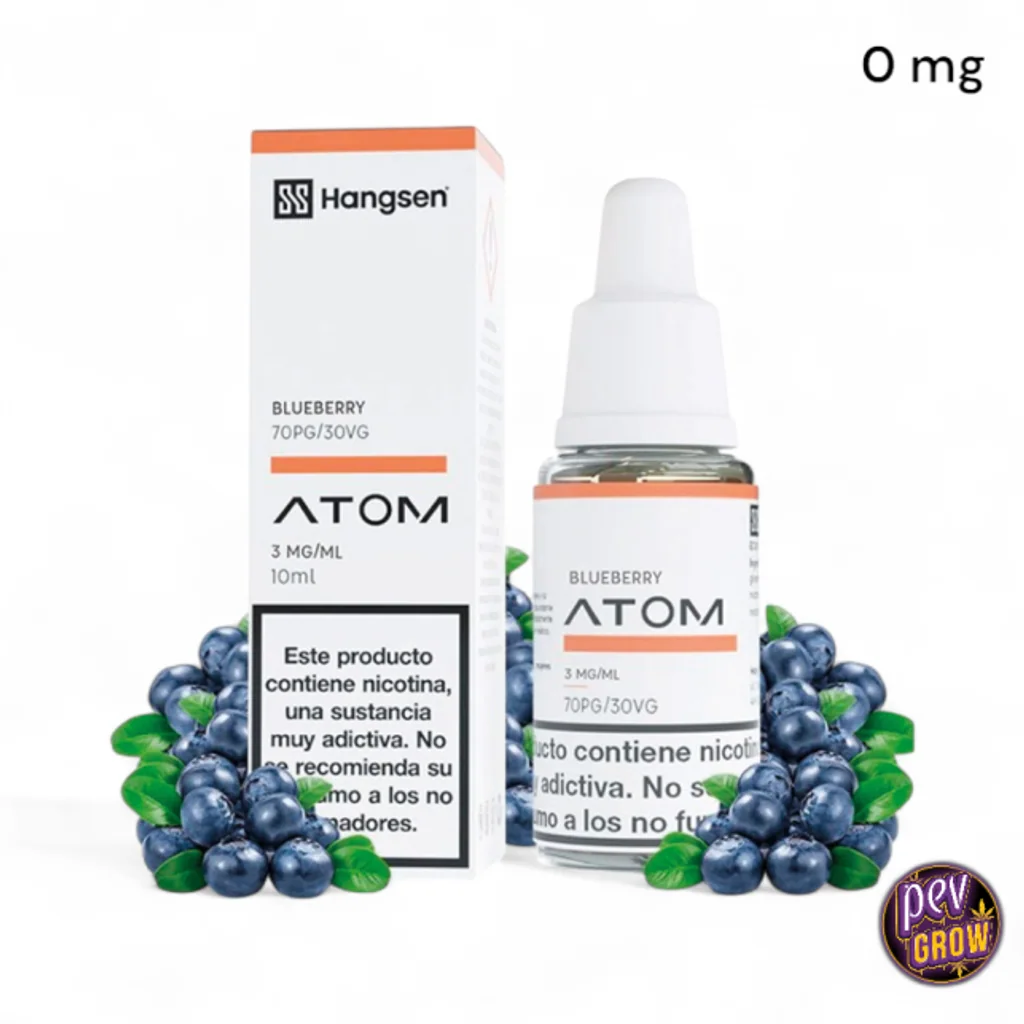 Frasco y caja de Hangsen Atom Blueberry rodeados de arándanos, con «0 mg» en la esquina y «3 mg/ml» en las etiquetas.