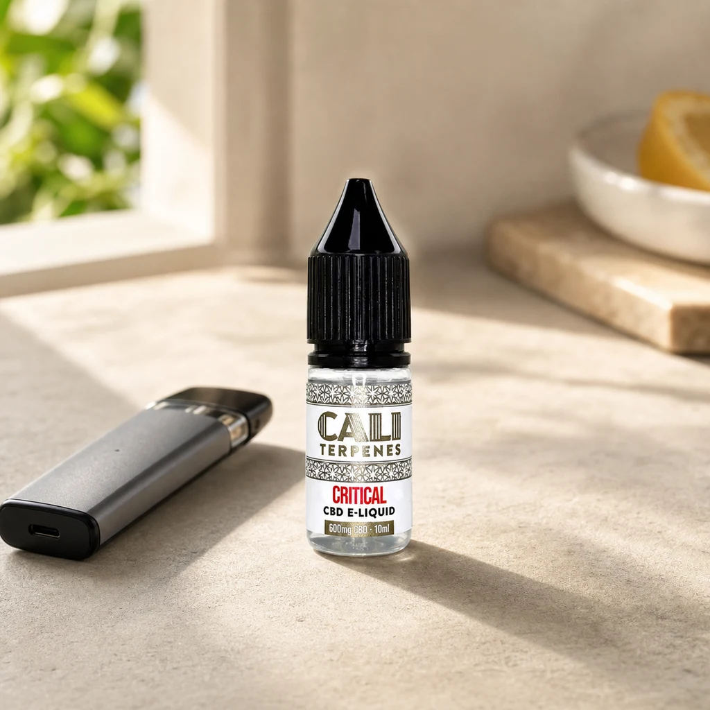 Frasco Cali Terpenes Critical CBD E-Liquid con tapón negro, junto a un vaporizador gris sobre una encimera iluminada por una ventana.
