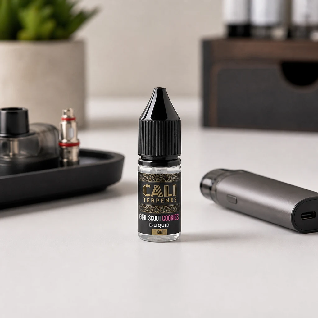Frasco de Cali Terpenes Girl Scout Cookies con tapón negro sobre una mesa, junto a un vapeador gris y una bandeja con componentes.