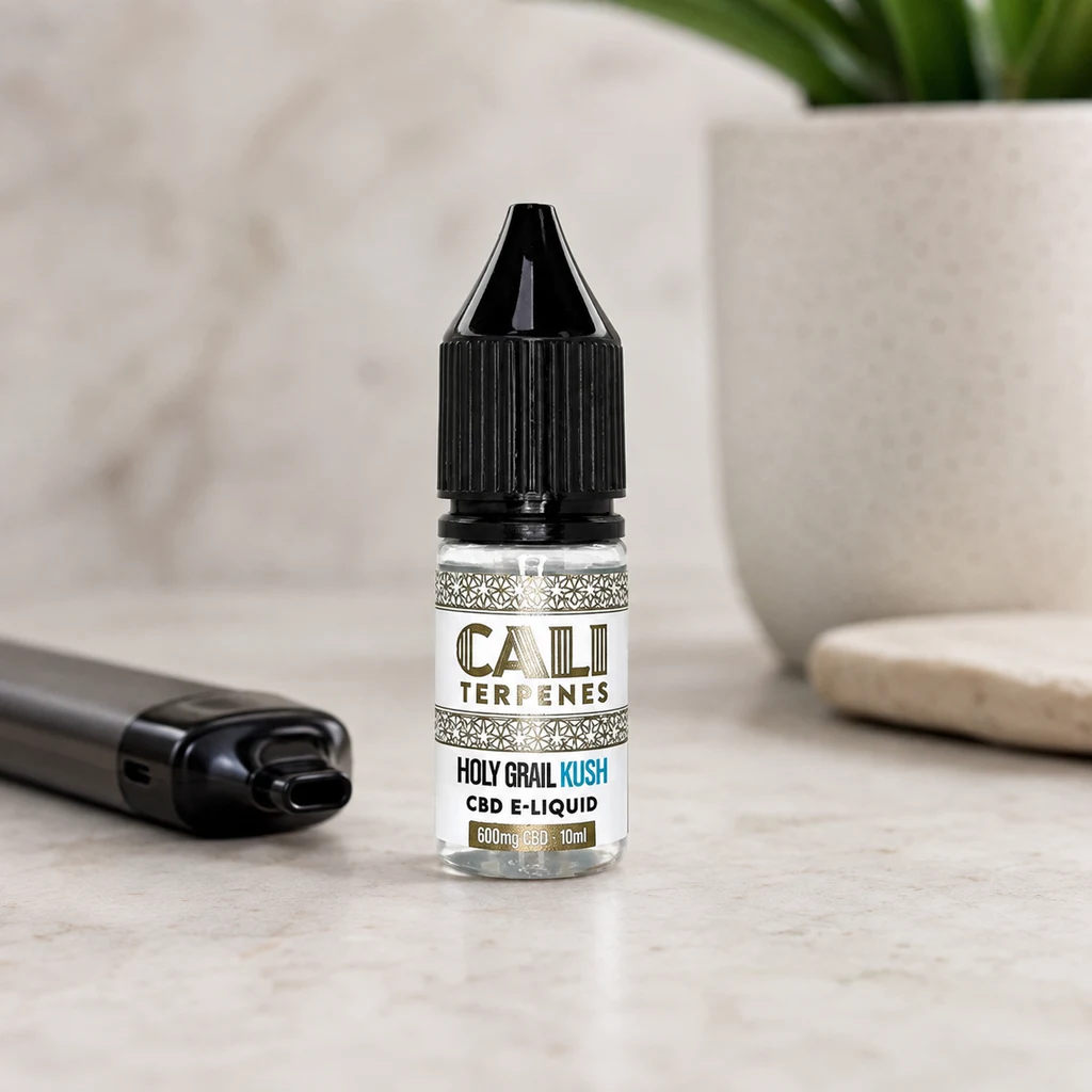 Frasco de e-líquido CBD Holy Grail Kush de Cali Terpenes, con tapón negro y etiqueta de 600 mg y 10 ml, junto a un vaporizador.